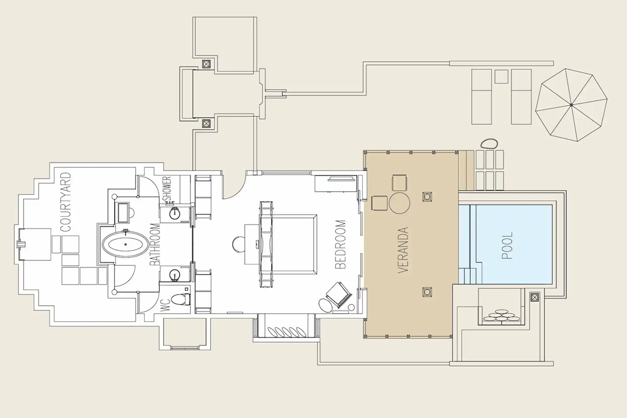 ビーチヴィラ（プール付き）- 原始的な海岸楽園、パウダーサンドプライベートエステート - 間取り図 1